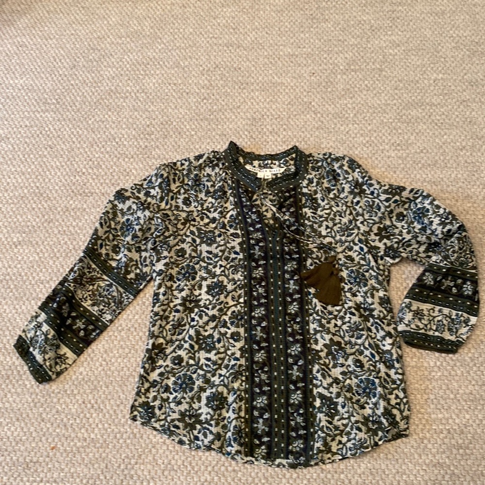 Veronica Beard Olive Green and Cream Floral Tunic with Black Trim